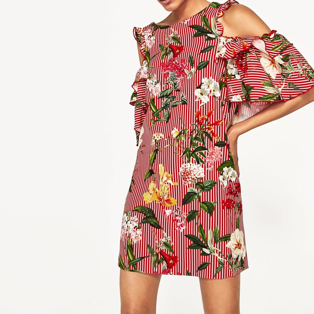 NWT Zara Red Stripes and Flower Dress. Size Small,